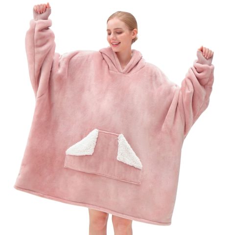 “CozyComfort Hoodie Blanket: Pink oversized wearable sweatshirt with hood, pockets, and sleeves; perfect for everyone.”