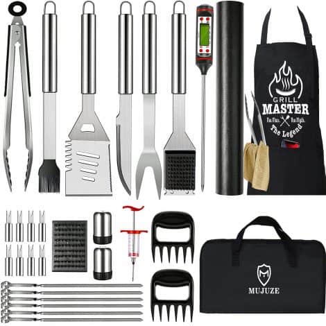 Grill Tool Kit and Apron for BBQ, Stainless Steel Set – Perfect Grill Gift for Men.