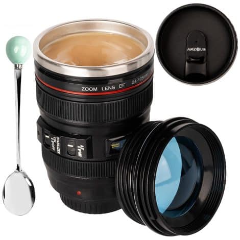 Photographer’s Dream Coffee Mug: Stainless Steel Lens Thermos with Lid and Spoon – Perfect Gift!