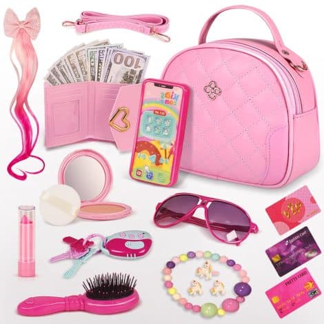 Princess-themed Play Purse Set containing purse, phone, and pretend toy kit, a perfect gift for girls 2+.