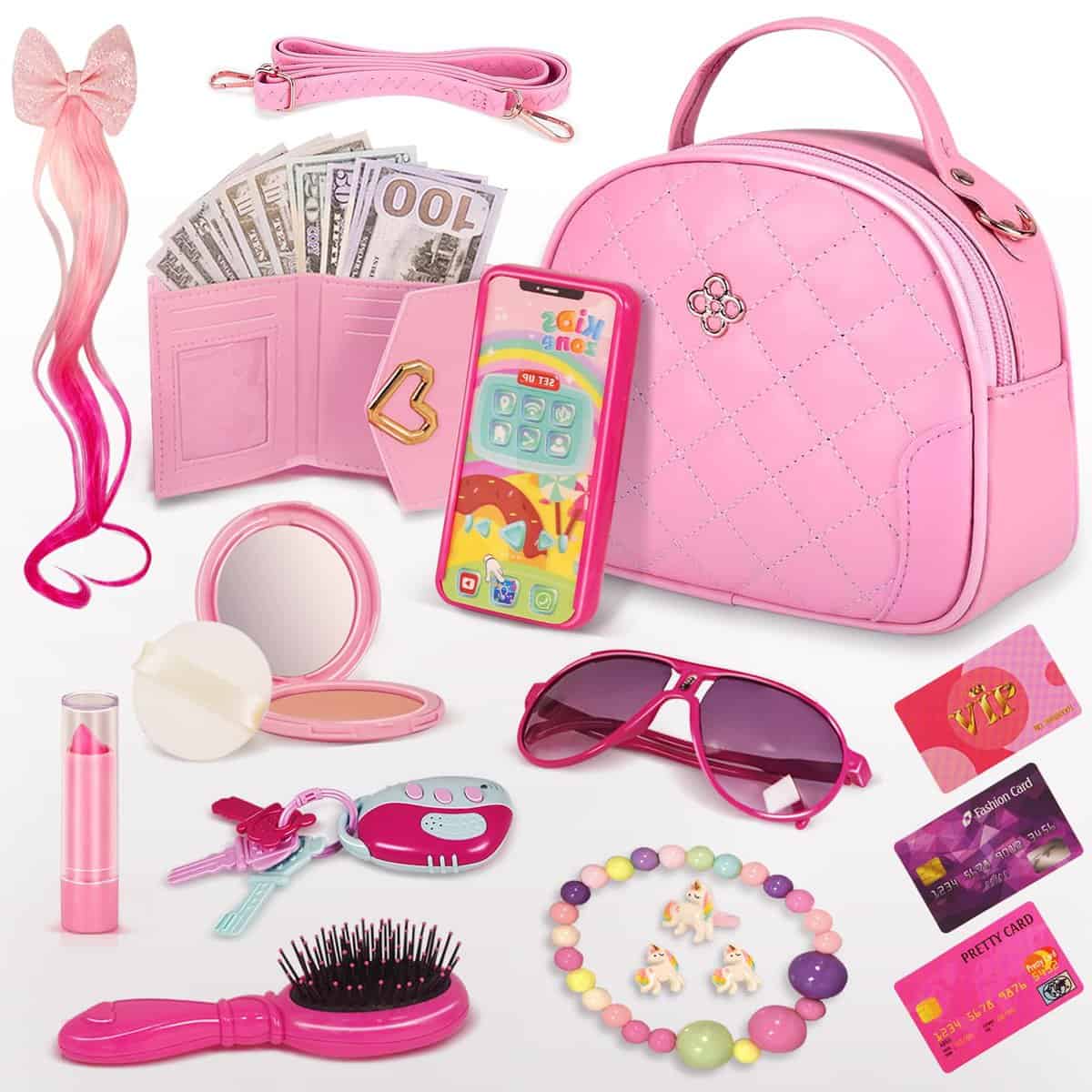 Toddler Play Purse for Little Girls, Girls Purse for 2 3 4 5 6 7 8 Year Old, Princess Gifts Play Purse Set with Handbag/Phone/Pretend Toy Kit, Birthday Christmas New-Year Gift Toys for Girls Age 2+