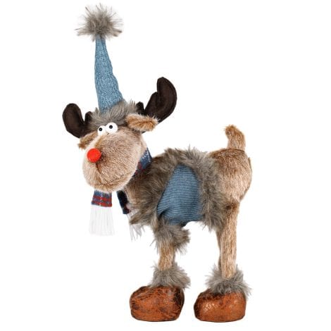 Blue Christmas Moose Plush: Festive 14.5″ Reindeer Decor for Tabletop, Perfect Indoor Xmas Gift or Décor.