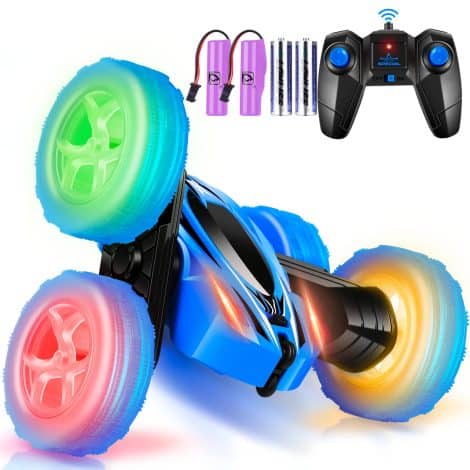 Blue Toy Car for Kids, 360° Rotating Stunt Car with Lights, Remote Control, and Flipping Action. Perfect Xmas Gift for Boys and Girls, Ages 6-12.