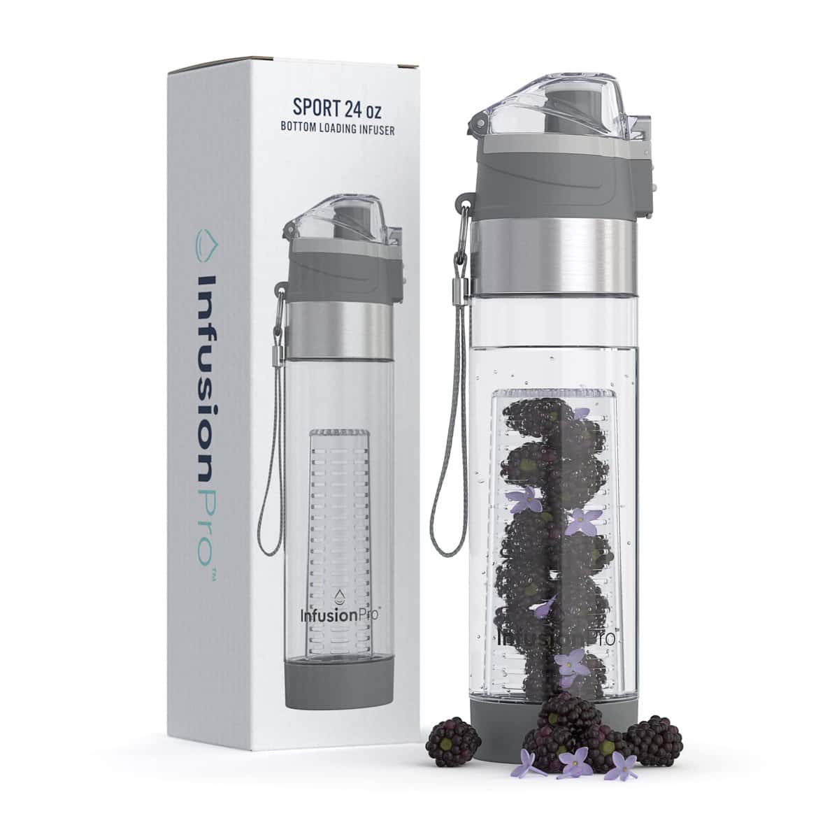 Infusion Pro 24 oz Fruit Infuser Water Bottle, Insulated Sleeve & Fruit Infused Water eBook : Bottom Water Infuser for More Flavor : Locking Flip Top Lid : Unique Gift Idea - Grey