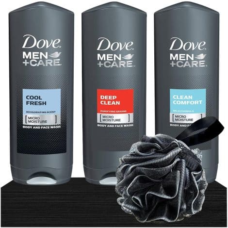 Dove Men+Care Christmas Variety Gift Set: 3 body and face washes (13.5 oz each), featuring Clean Comfort, Cool Fresh, and Deep Clean, plus a bonus Shower Loofah.