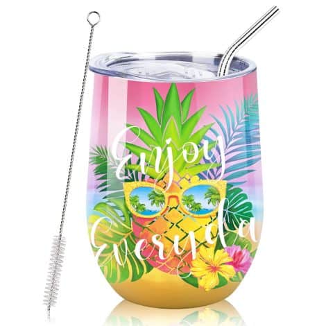 Tropical Pineapple Cup: Enjoy your favorite wines on-the-go with this 12oz insulated stainless-steel tumbler, straw, and lid.