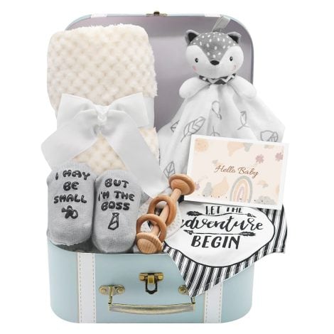 Newborn Shower Basket: Baby Boy Gift Set with Blanket, Lovey, Rattle, Bibs, Socks, and Greeting Card.