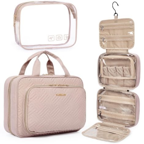 Large-Pink BAGSMART Makeup Organizer for Full Sized Toiletries; includes TSA Approved Transparent Cosmetic Bag. Perfect for travel.