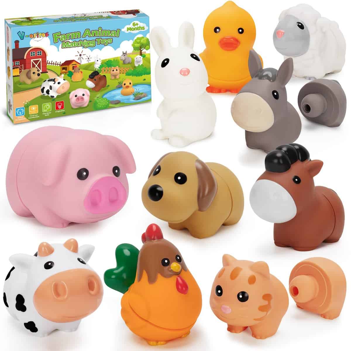 V-Opitos Learning Farm Animal Toys for Kids Age 1, 2, 3 Year Old, 10 Pack Farm Animal Matching Fine Motor Montessori Toys, Christmas, Birthday Gifts for Toddlers Boys & Girls 1-3 Years Old