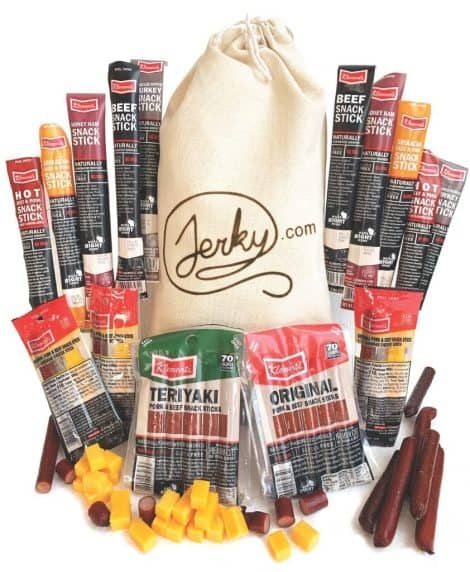 Beef, pork, turkey, and ham snack sticks in a 26-piece jerky gift basket. Protein-packed and perfect for men.