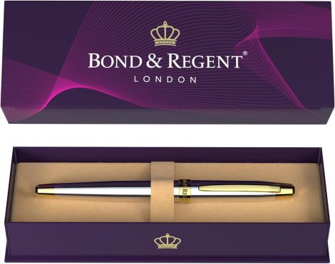 Luxury Grade Rollerball Pen – Bond & Regent Silver Chrome & 24K Gold – Ideal Gift for All.