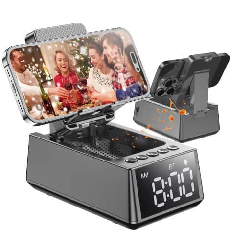 Unique and versatile cell phone stand speakers with adjustable phone holder; perfect gift for tech-savvy men, women, and dads.