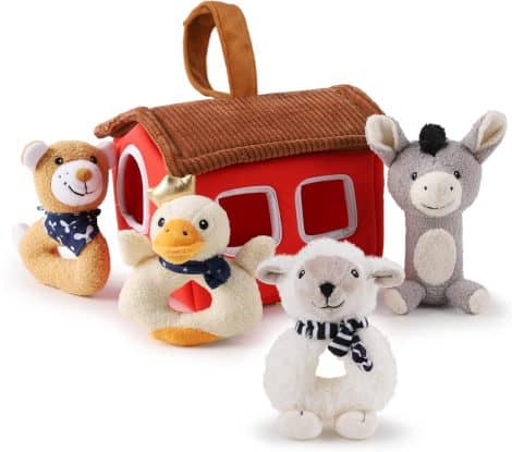 iPlay, iLearn Soft Barn Farm Stuffed Animals, Baby Rattles for Sensory Development – Perfect Gift for Newborns.