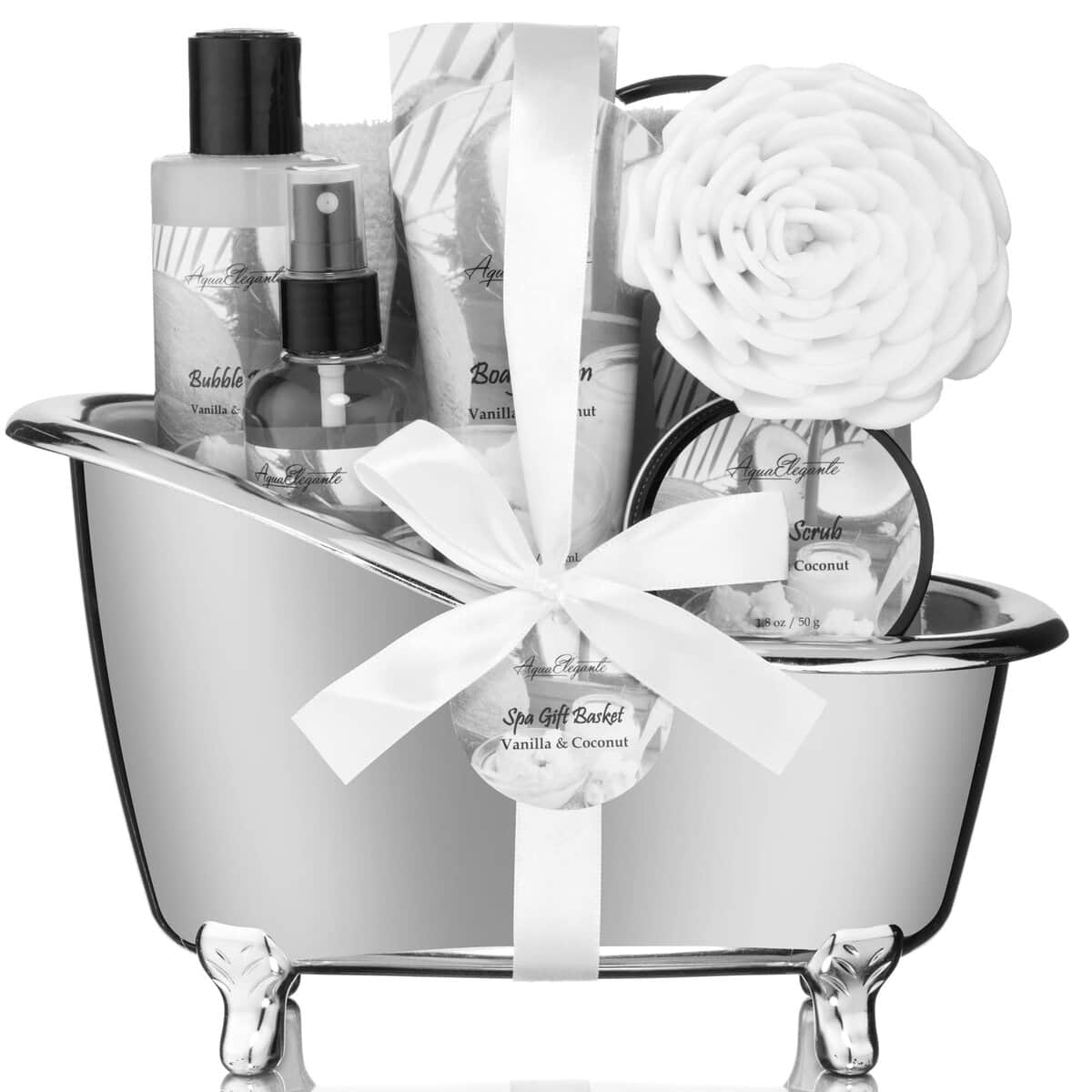 Aqua Elegante Spa Gift Baskets For Women - Luxury Bath Set With Coconut & Vanilla - Spa Kit Includes Body Wash, Bubble Bath, Lotion, Bath Salts, Body Scrub, Body Spray, Shower Puff, and Towel