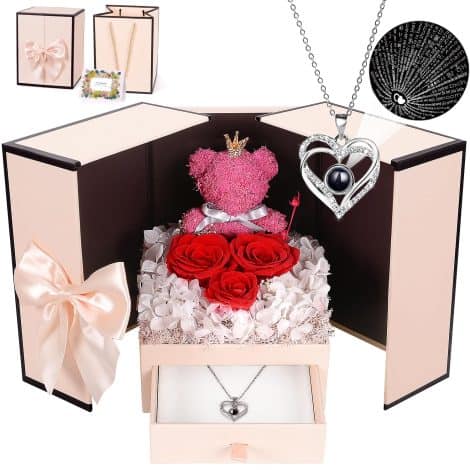 “Rose Bear with ‘I Love You’ Necklace: A stunning gift for women – perfect for Christmas, Valentine’s, and more!”