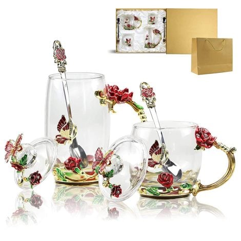 Rose cup set, a unique and safe set of glass coffee mugs with lid and spoon, ideal for gifting.