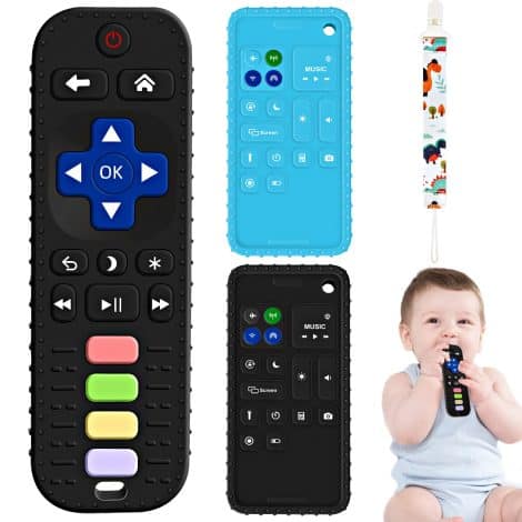 Baby Teething Trio: Remote Control Toy, Silicone Phone Teether, perfect for infants ages 0-36 months. Ideal gift for babies.