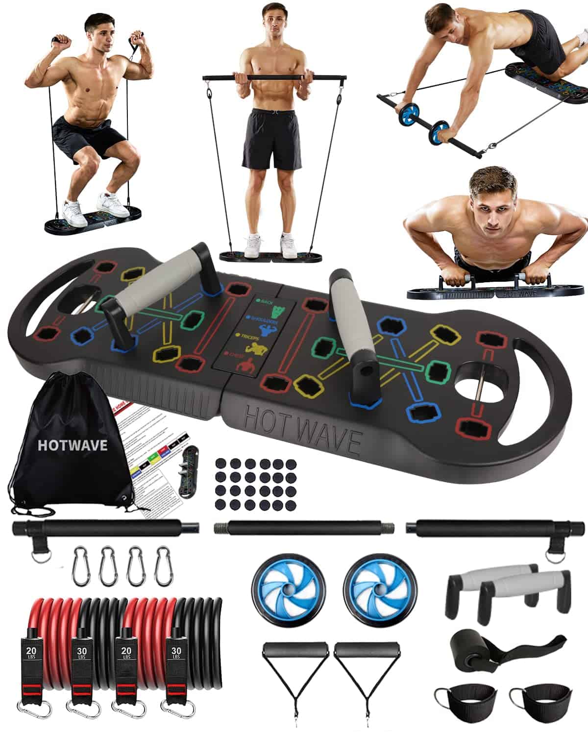 HOTWAVE Portable Exercise Equipment with 16 Gym Accessories.20 in 1 Push Up Board Fitness,Resistance Bands with Ab Roller Wheel,Full Body Workout at Home,Patent Pending