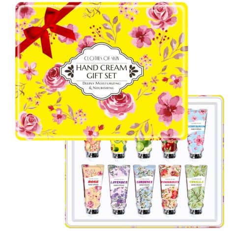 Small travel-sized hand lotion set with 10 creams; perfect for gifting to women during birthdays or Christmas. Ideal for dry hands. Suitable for bridesmaids, nurses, coworkers, and baby or bridal shower favors. Great for showing appreciation.