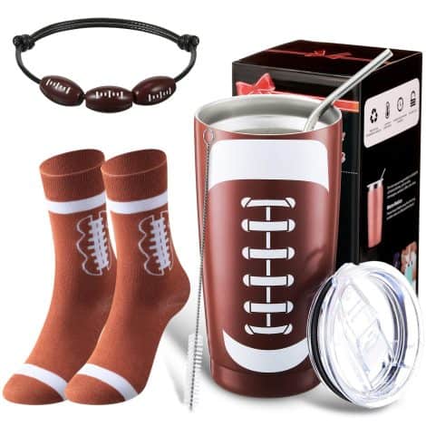 Funny Sports Gift Set for Coaches, Men, Women, and Teens: Insulated Tumbler, Socks, and Bracelet (Football).