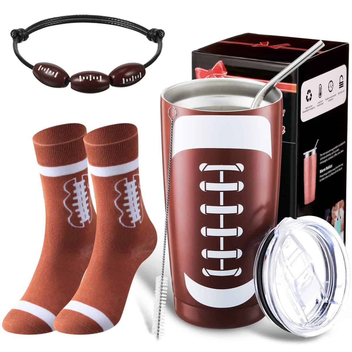 3 Pieces Novelty Soccer Baseball Football Gifts for Coach Women Men Teens, 20oz Sports Vacuum Insulated Stainless Steel Tumbler Mug with Lid, Funny Sports Crew Casual Sock, Sports Bracelet (Football)