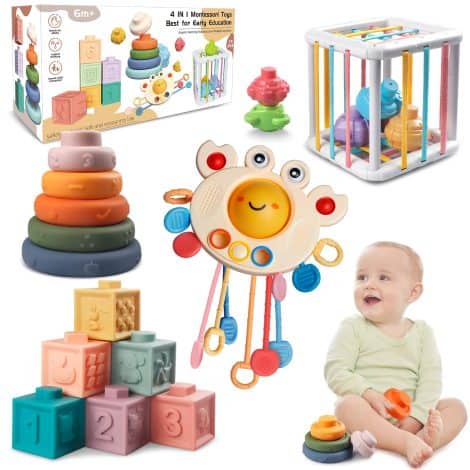 Baby toys inspired by Montessori principles for ages 6-18 months, including teether, blocks, shapes, and storage bin. Perfect toddler gift.