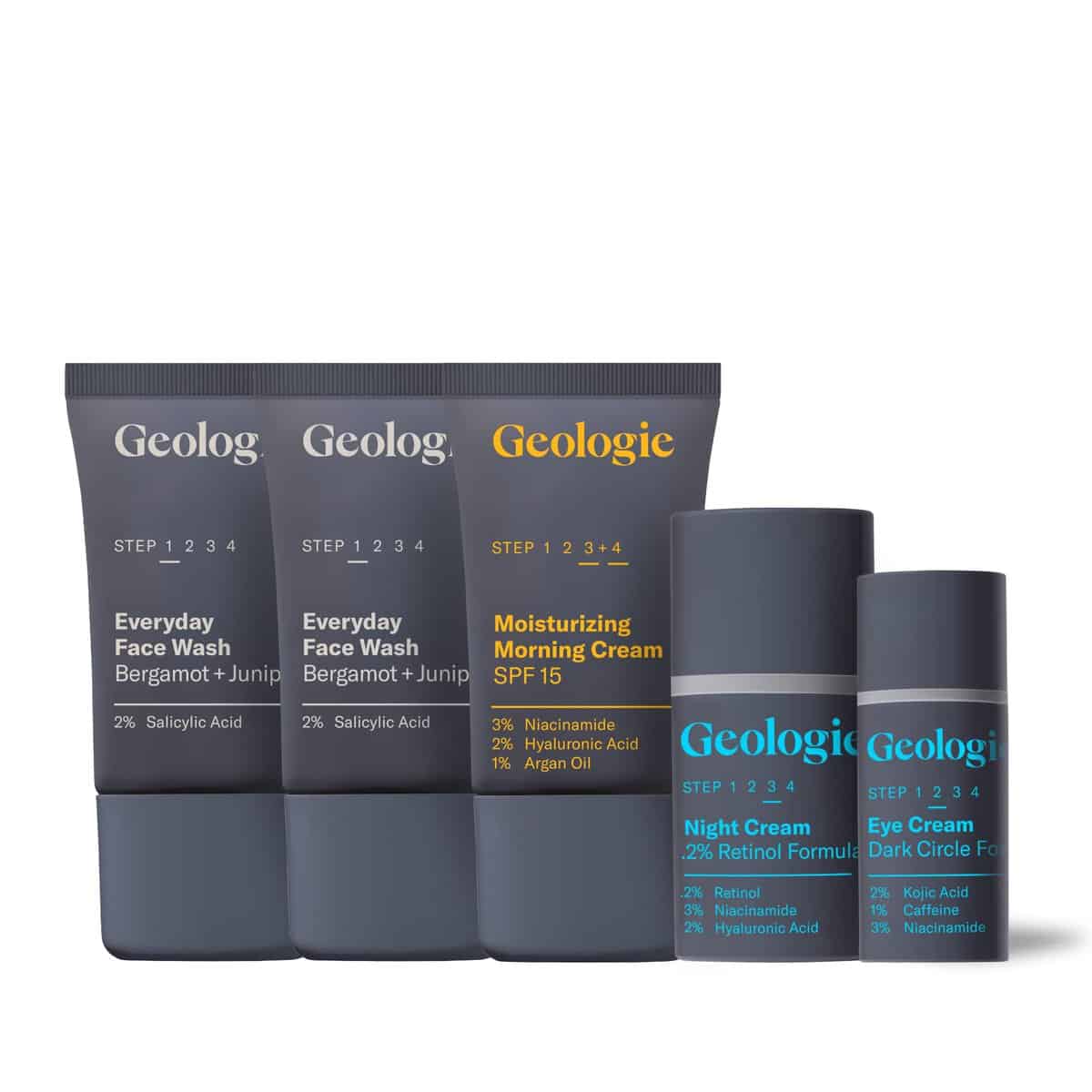 Geologie Complete 5-Piece Skincare Sample Set (1 Month Supply) | Simple, Daily 3-Step Morning + Evening Routine | Includes Salicylic Acid Face Wash + Retinol Night Cream + Niacinamide Moisturizer with SPF15 + Dark Circle Eye Cream + Vitamin C Serum