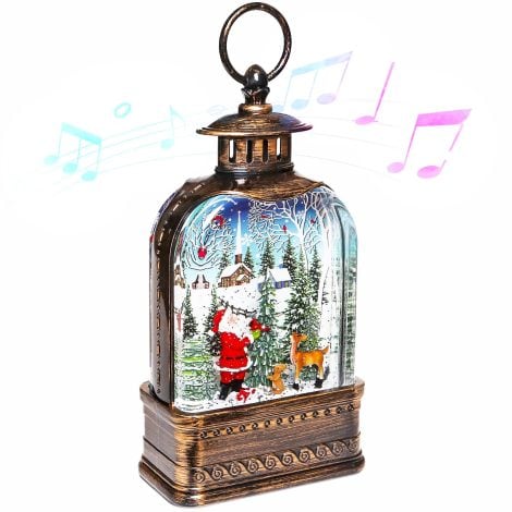 Christmas Snow Globe Lantern that lights up, plays music, and adds festive sparkle to your home decor.