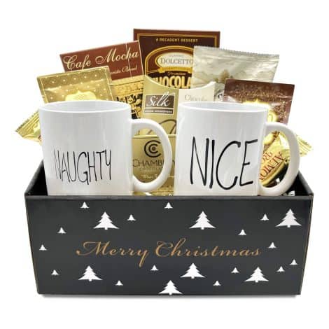 Naughty and Nice Coffee Gift Basket: A delicious assortment of coffee, hot cocoa, snacks, and more, with 2 mugs included!