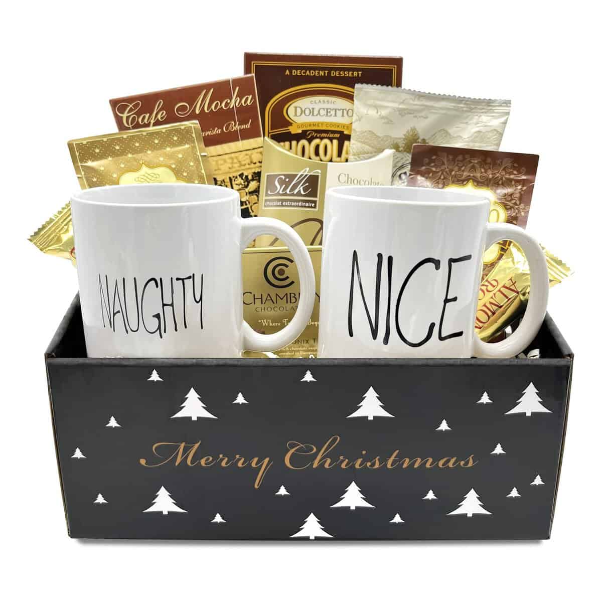 Coffee Gift Baskets - Hot Cocoa Gift - Food Gift - Holiday Coffee Gift Box- 2 Mugs, Wafers, Hot Cocoa, Coffee, Snacks and More (Naughty and Nice)