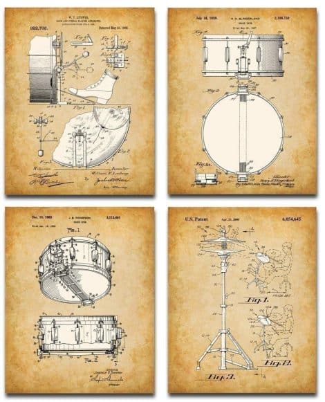 Lone Star Art Store offers a set of four unframed, 8×10 patent art prints of drums, perfect for drummers and music enthusiasts, all under $20. Ideal for music studios and as gifts.