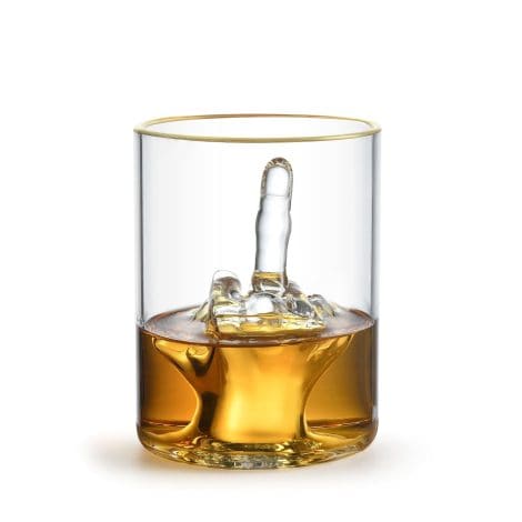 RUGLUSH “Middle Finger” Whiskey Glass – Upside Funny Glass for Whiskey, Liquor – Stylish Gold Rim – Great for Man Caves!