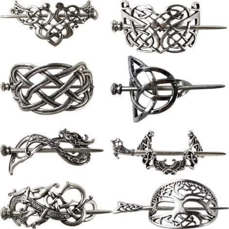 Retro Viking Celtic Hair Clips – 8 piece set of minimalist silver hair accessories for American women and girls.