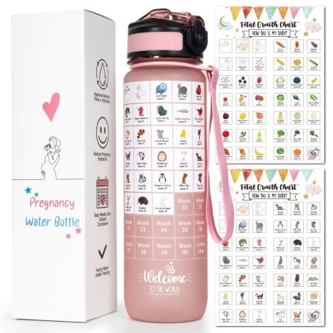 “Pink Pregnancy Water Bottle Tracker, featuring 2 unique weekly stickers. A must-have for expecting moms, with BPA Free materials.”