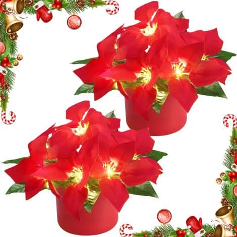 2 Pack of Alphatool Artificial Poinsettia Flowers with LED Lights for Realistic Christmas Decorations