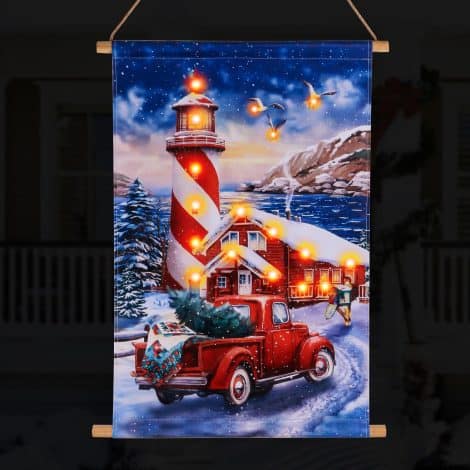 SPACELIT Christmas Door Decor featuring an illuminated Lighthouse and Car Poster, perfect for indoor or outdoor use.