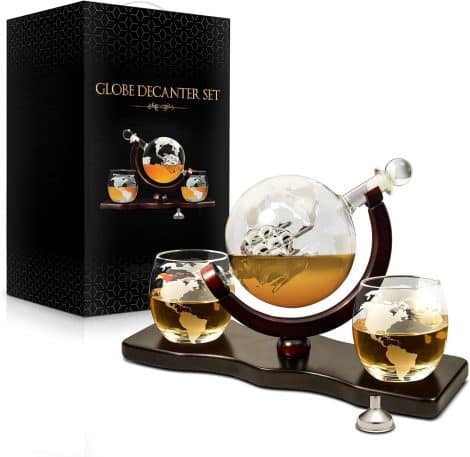 Flybold Whiskey Decanter Kit: Travel the World with World Etched Globe, Antique Ship Stopper and Liquor Dispenser.