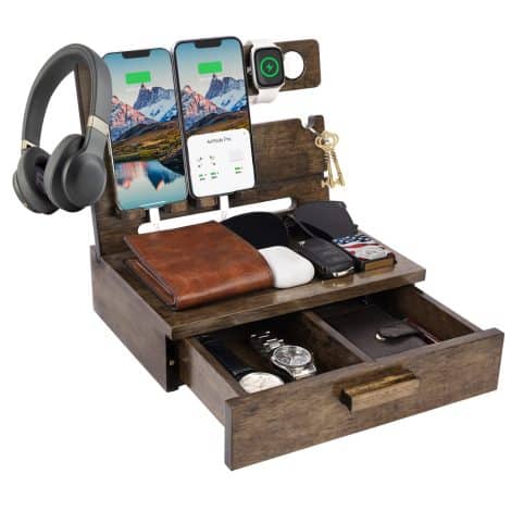 ZAPUVO Wooden Phone Docking Station with Drawer – Perfect Father’s Day Gift for Dad from Daughter/Son.