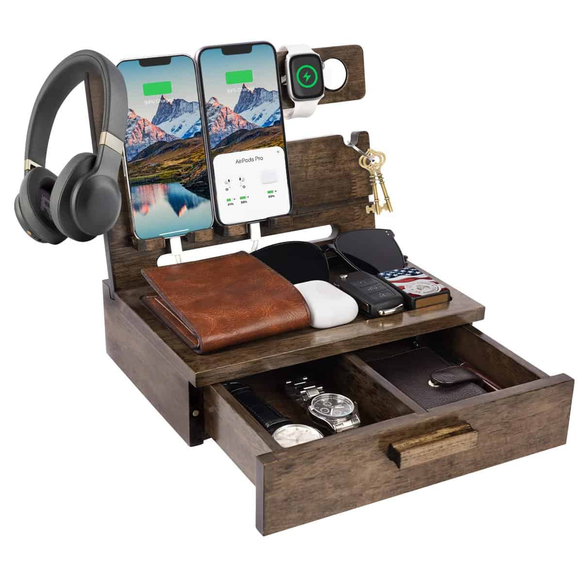 ZAPUVO Gifts for Dad Christmas Xmas from Daughter Son, Wood Phone Docking Station with Drawer Nightstand Organizer for Men, Anniversary Birthday Gift Ideas for Husband Him from Wife Stocking Stuffers