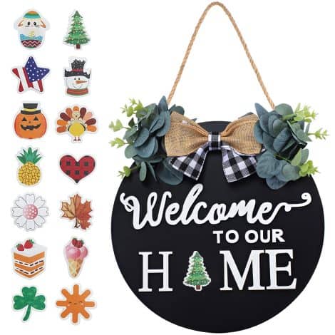 Black Seasonal Welcome Sign for Front Door Decor, with interchangeable holiday pieces, perfect for farmhouse porch. Great housewarming gift.