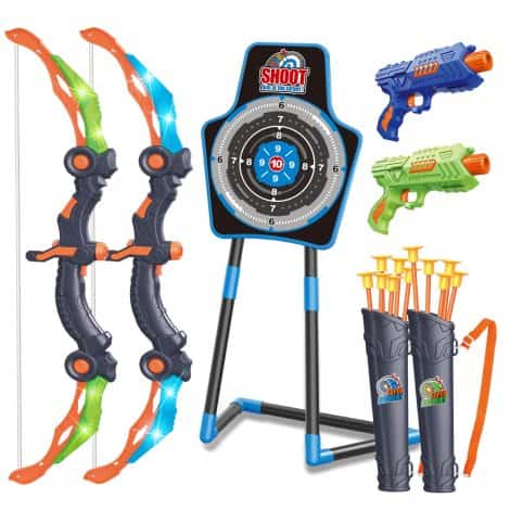 SpringFlower 2 sets of LED Bow and Arrow, 2 foam dart guns for kids 5 and up. Perfect gift!