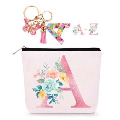 Custom Initial Makeup Bag with Matching Keychain, Perfect Gift for Women, Bridesmaids, or Teachers. Monogrammed Toiletry Bag. (A)