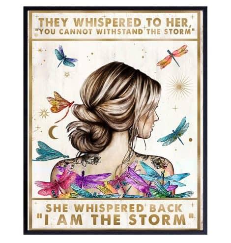 Rustic wall decor featuring empowering quote: “She Whispered Back I Am The Storm”. Perfect gift for women.