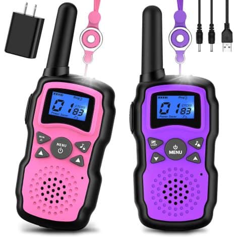 Wishouse rechargeable walkie talkies with USB charger, powerful battery, flashlight, lanyard. Perfect gift for kids. Pink and purple colors.