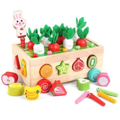 Wooden Montessori toys for 1-3 year olds, perfect for developing fine motor skills as birthday gifts.