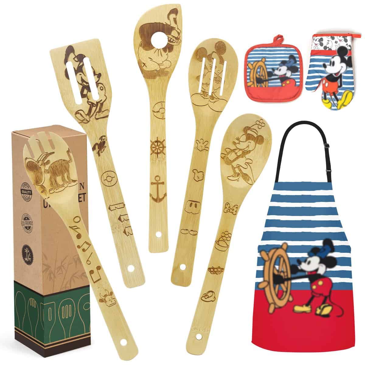 Women Christmas Cooking Gifts - Wooden Spoons for Cooking Bamboo Kitchen Utensils Set with Cute Apron Oven Mitt Potholder - Birthday Gifts for Girls Mother's Day Gifts Best Kitchen Presents