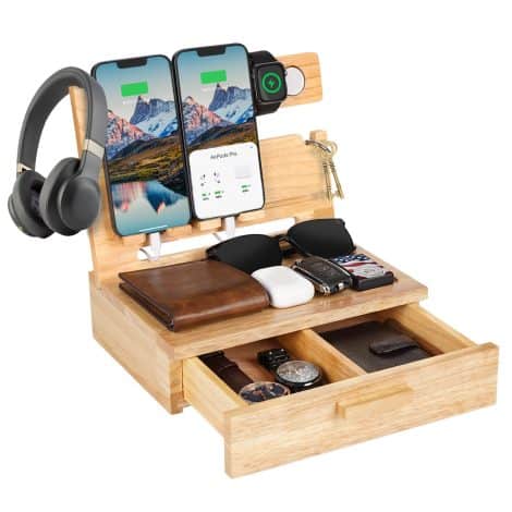 Unique wooden phone docking station with drawer for husband’s Christmas gift, perfect as nightstand organizer. Great for dad’s birthday or anniversary.