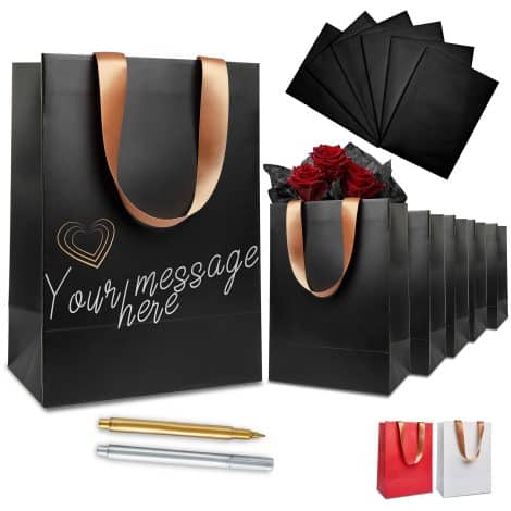 Set of 6 Customizable Black Gift Bags with Markers. Medium-sized, durable, matte bags with gold satin handles and tissue paper. Perfect for birthdays.