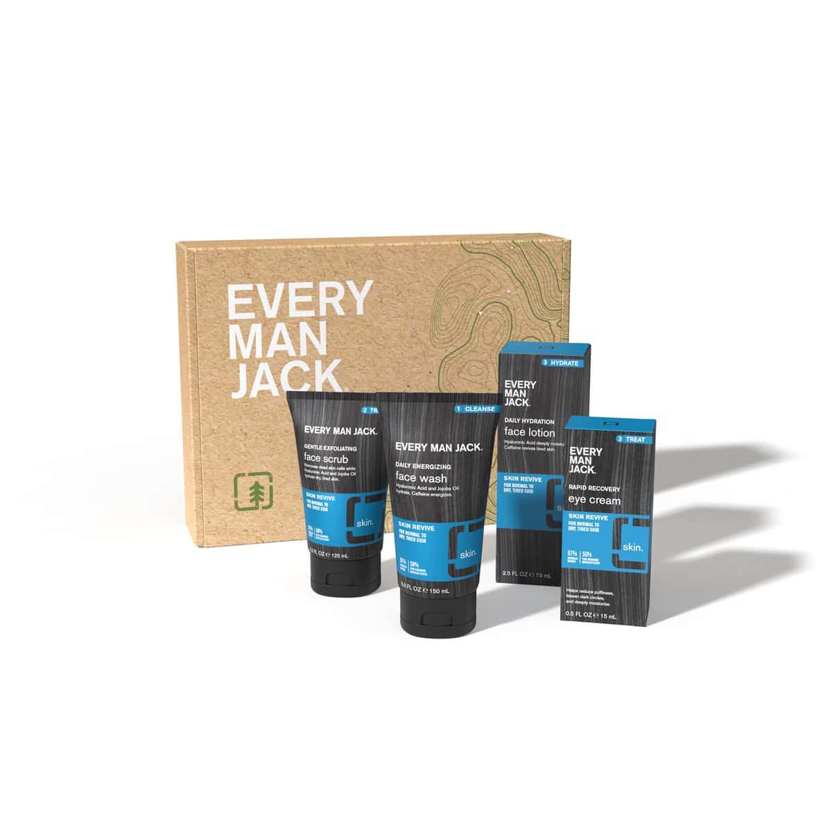 Every Man Jack Skin Revive Set- Four Full-Size, Fragrance Free Skin Care Essentials to Cleanse, Treat, and Hydrate Dry, Tired Skin - Daily Energizing Wash, Gentle Exfoliating Scrub, Rapid Recovery Eye Cream, Hydration Face Lotion