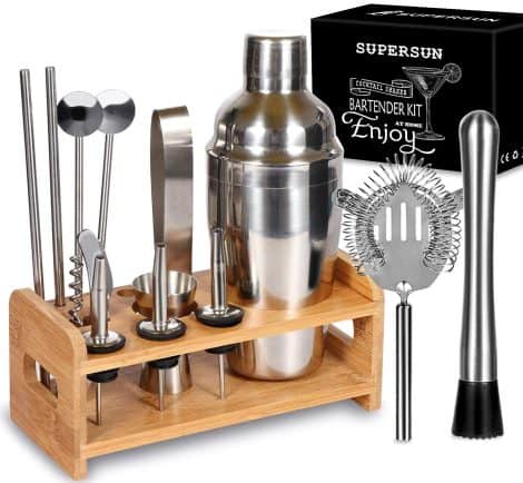 Bar Buddy Set: 15-Piece Mixology Kit – Elevated Stand, Strainer, Muddler, Jigger, and Martini Shaker. Perfect Housewarming Gift!